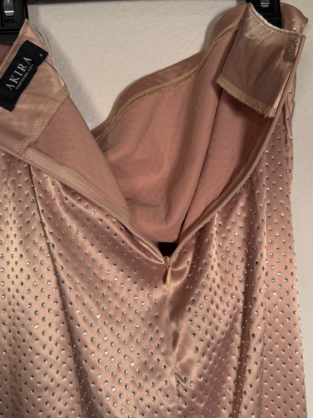 AKIRA Champagne Gold Rhinestone Strapless Ruched Maxi Dress - Picture 8 of 13